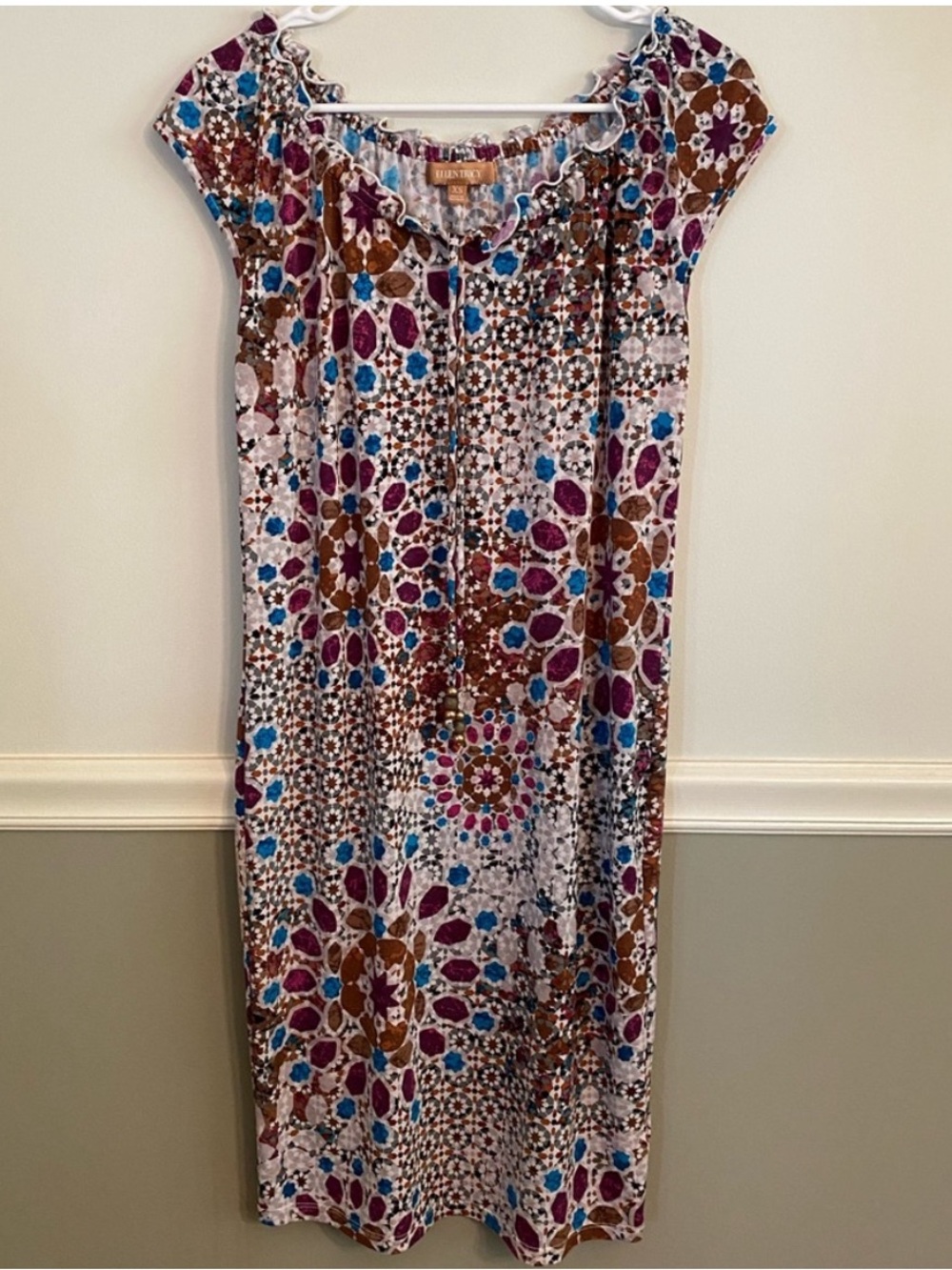 Ellen Tracey Brown Multi Color Cap Sleeve Ruffle Dress Extra Small
